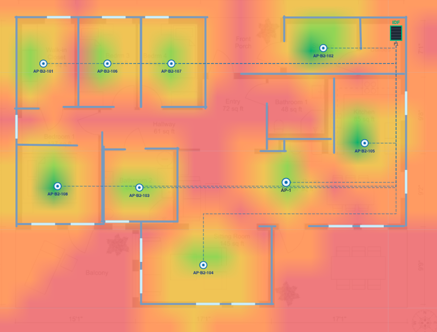 Floor canvas with RF coverage heatmap, access points, units and IDF