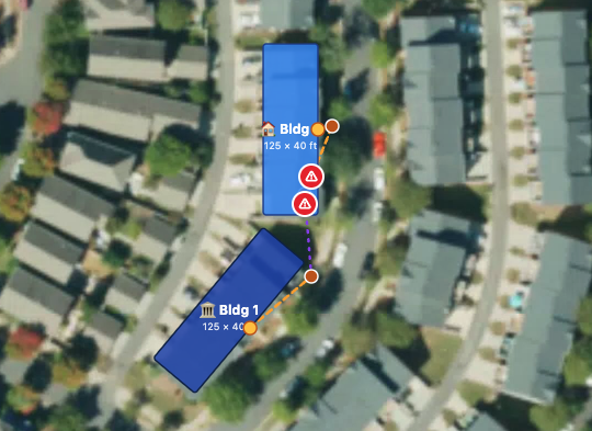 OSP and Campus 2D plan — building footprints on an aerial map with routed cables
