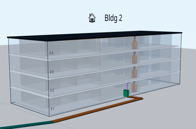 3D campus view — a multi-floor building extruded with cable routing